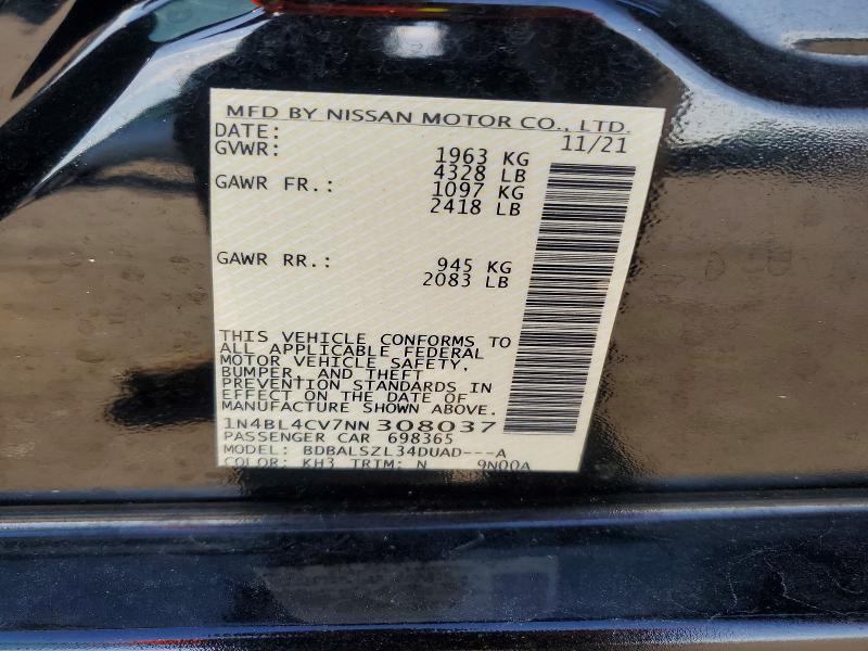 2022 Nissan Altima მანქანა იყიდება აუქციონზე, vin: 1N4BL4CV7NN308037, აუქციონის ნომერი: 68767496