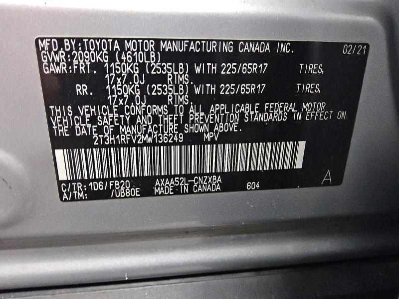 2021 Toyota Rav4 მანქანა იყიდება აუქციონზე, vin: 2T3H1RFV2MW136249, აუქციონის ნომერი: 66007046