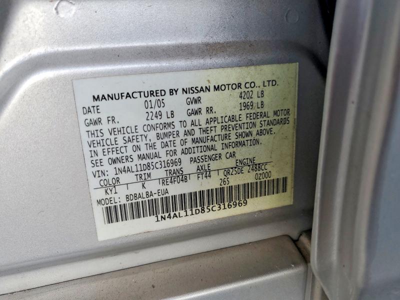 2005 Nissan Altima მანქანა იყიდება აუქციონზე, vin: 1N4AL11D85C316969, აუქციონის ნომერი: 68591936
