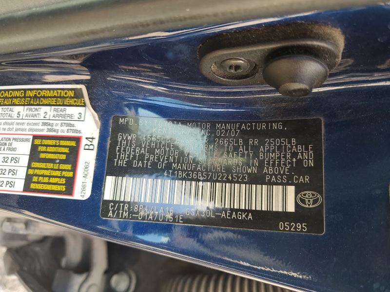 61356596 :رقم المزاد ، 4T1BK36B57U224523 vin ، 2007 Toyota Avalon مزاد بيع