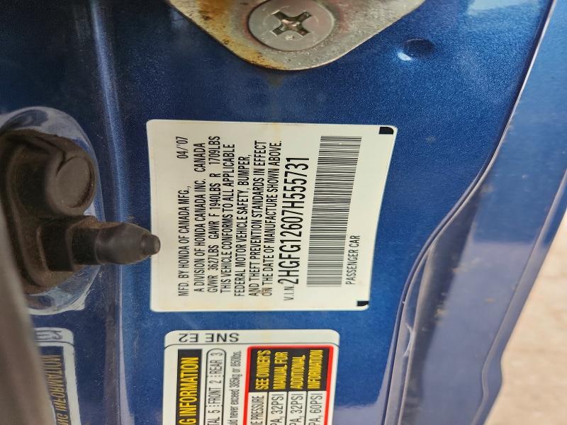 2007 Honda Civic მანქანა იყიდება აუქციონზე, vin: 2HGFG12607H555731, აუქციონის ნომერი: 70954496