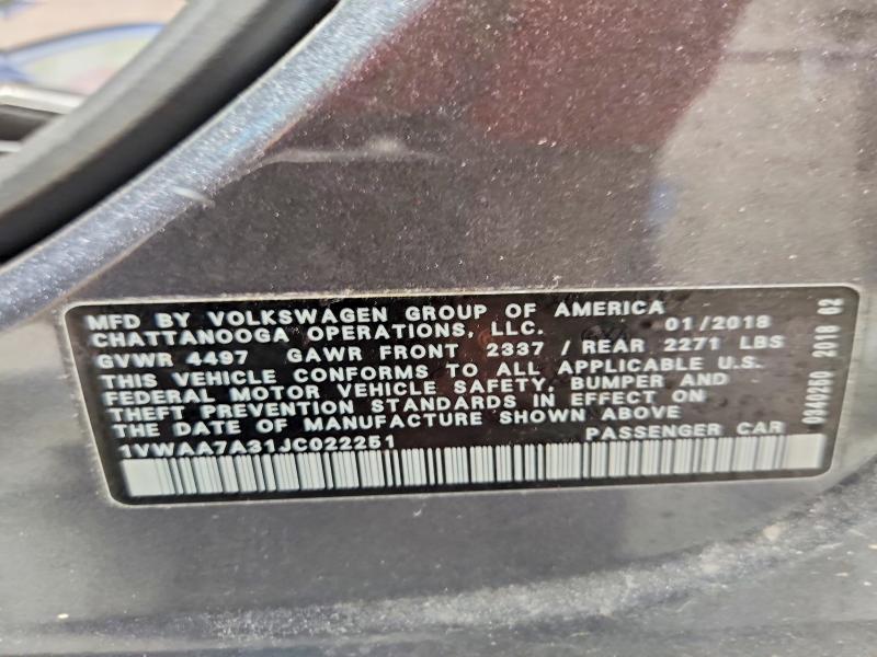 Aukcja sprzedaży 2018 Volkswagen Passat, vin: 1VWAA7A31JC022251, numer aukcji: 68755286