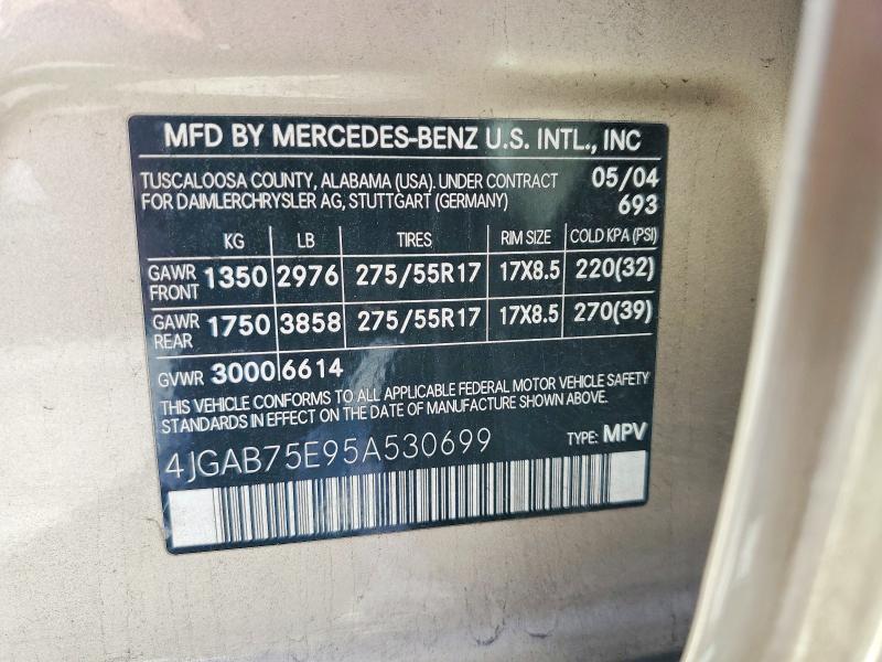 70341636 :رقم المزاد ، 4JGAB75E95A530699 vin ، 2005 Mercedes-benz Ml مزاد بيع