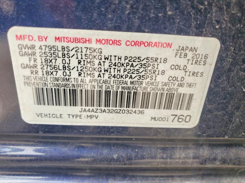 2016 Mitsubishi Outlander მანქანა იყიდება აუქციონზე, vin: JA4AZ3A32GZ032436, აუქციონის ნომერი: 68703356