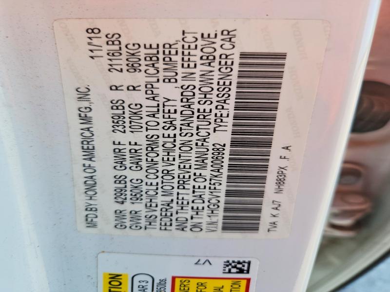2019 Honda Accord მანქანა იყიდება აუქციონზე, vin: 1HGCV1F57KA006982, აუქციონის ნომერი: 69013326