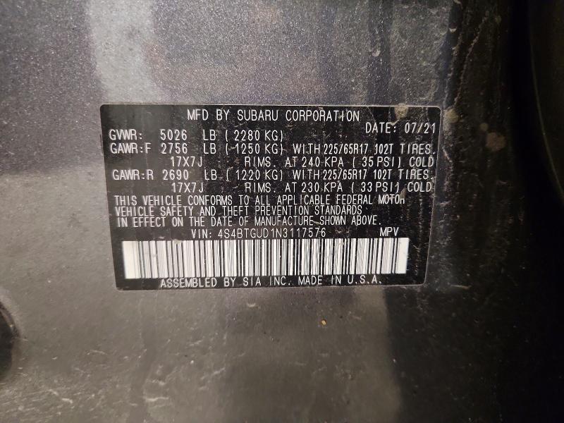 Продажа на аукционе авто 2022 Subaru Outback, vin: 4S4BTGUD1N3117576, номер лота: 70312076