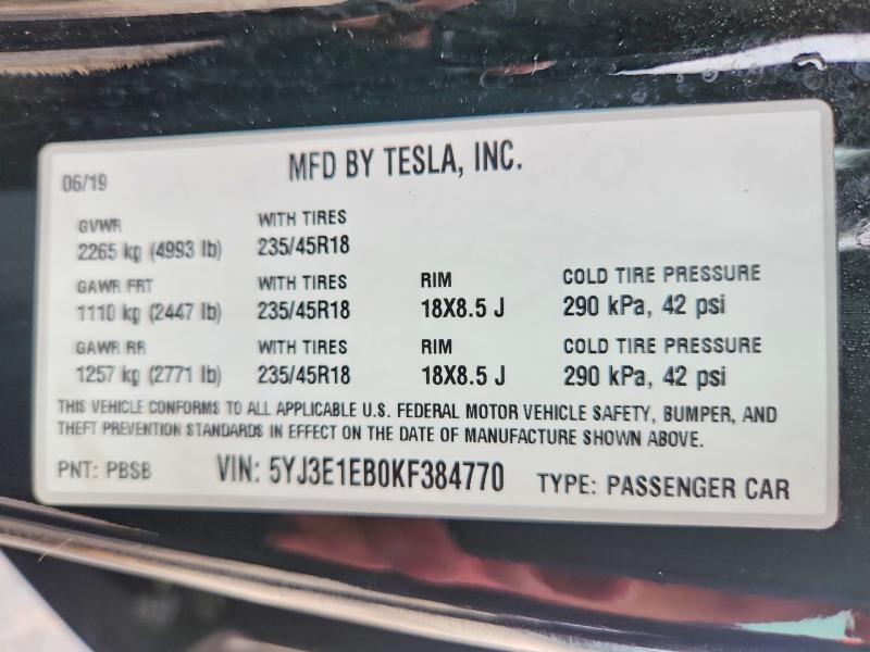 Продажа на аукционе авто 2019 Tesla Model 3, vin: 5YJ3E1EB0KF384770, номер лота: 70951606