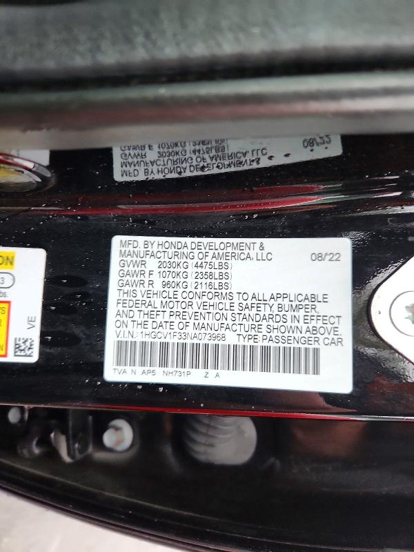 Aukcja sprzedaży 2022 Honda Accord, vin: 1HGCV1F33NA073968, numer aukcji: 70547886