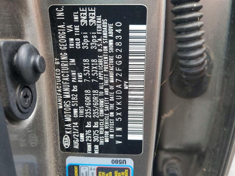 Auction sale of the 2015 Kia Sorento, vin: 5XYKUDA72FG628340, lot number: 67711616