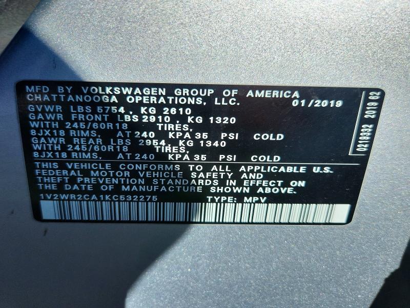 Продажа на аукционе авто 2019 Volkswagen Atlas, vin: 1V2WR2CA1KC532275, номер лота: 66759836