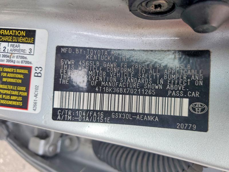 69450296 :رقم المزاد ، 4T1BK36BX7U211265 vin ، 2007 Toyota Avalon مزاد بيع