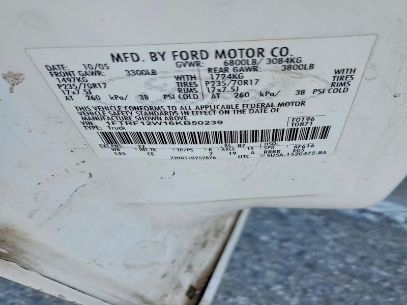 2006 Ford F150 მანქანა იყიდება აუქციონზე, vin: 1FTRF12W16KB50239, აუქციონის ნომერი: 69934096