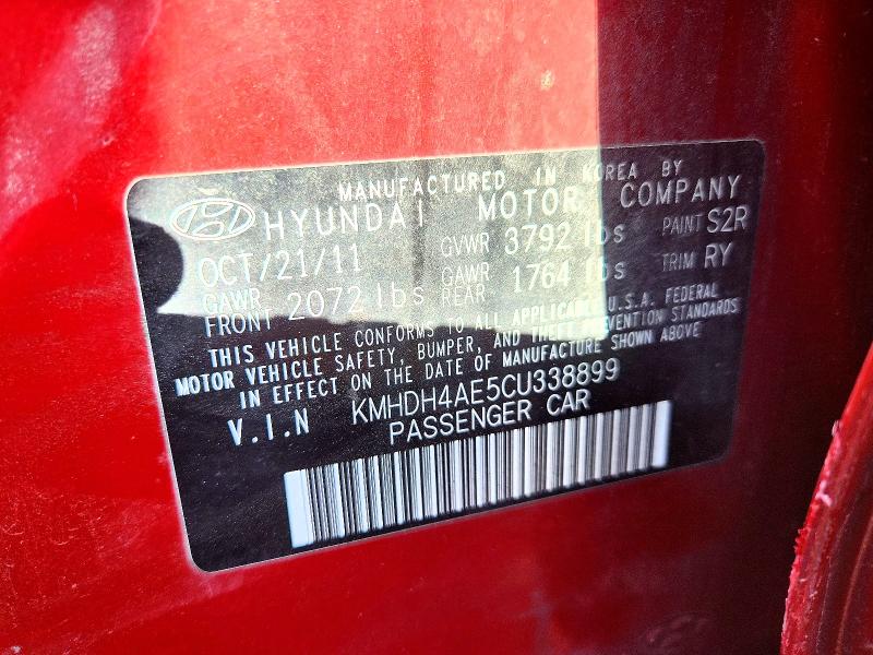 2012 Hyundai Elantra მანქანა იყიდება აუქციონზე, vin: KMHDH4AE5CU338899, აუქციონის ნომერი: 69320966