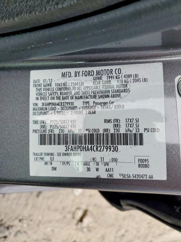 2012 Ford Fusion მანქანა იყიდება აუქციონზე, vin: 3FAHP0HA4CR279930, აუქციონის ნომერი: 70567006