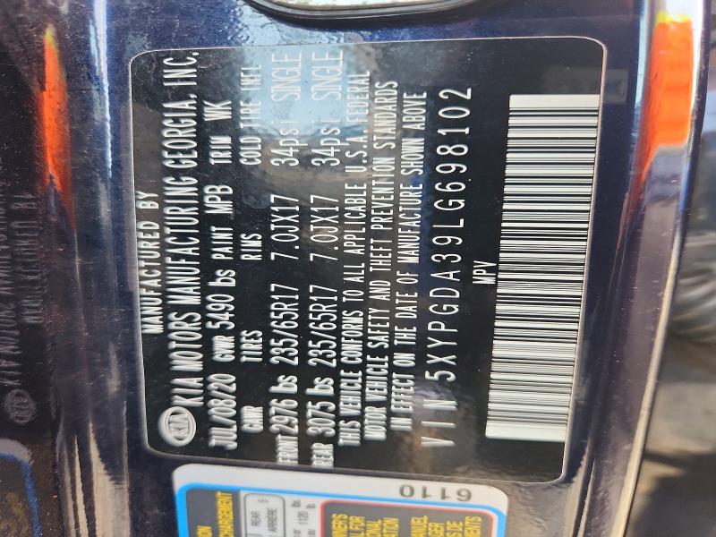 70348106 :رقم المزاد ، 5XYPGDA39LG698102 vin ، 2020 Kia Sorento مزاد بيع