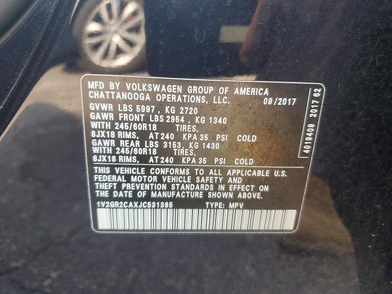 69310136 :رقم المزاد ، 1V2GR2CAXJC531385 vin ، 2018 Volkswagen Atlas مزاد بيع
