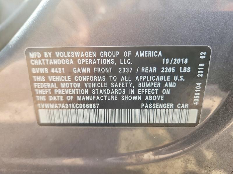 Продаж на аукціоні авто 2019 Volkswagen Passat, vin: 1VWMA7A31KC006887, номер лоту: 68575096