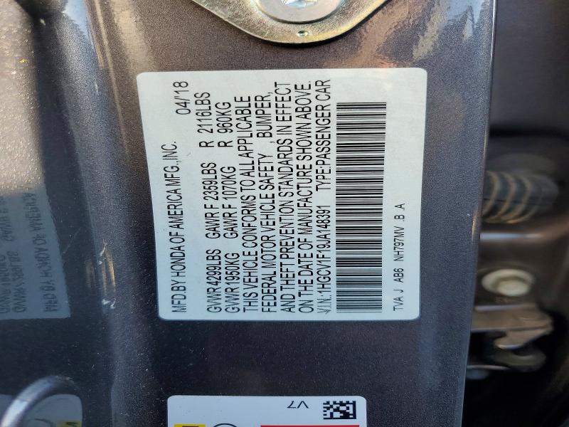 Продажа на аукционе авто 2018 Honda Accord, vin: 1HGCV1F19JA148391, номер лота: 70342516
