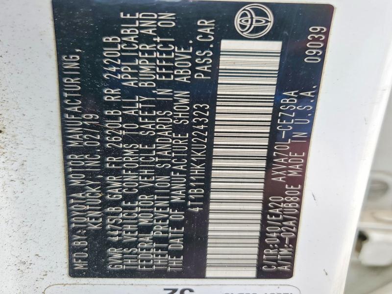 2019 Toyota Camry მანქანა იყიდება აუქციონზე, vin: 4T1B11HK1KU224323, აუქციონის ნომერი: 69017776