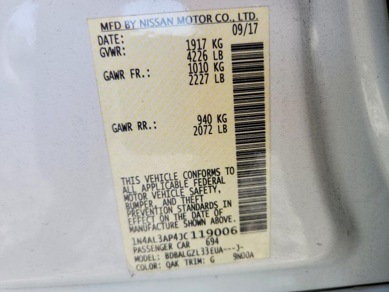 2018 Nissan Altima მანქანა იყიდება აუქციონზე, vin: 1N4AL3AP4JC119006, აუქციონის ნომერი: 68922556