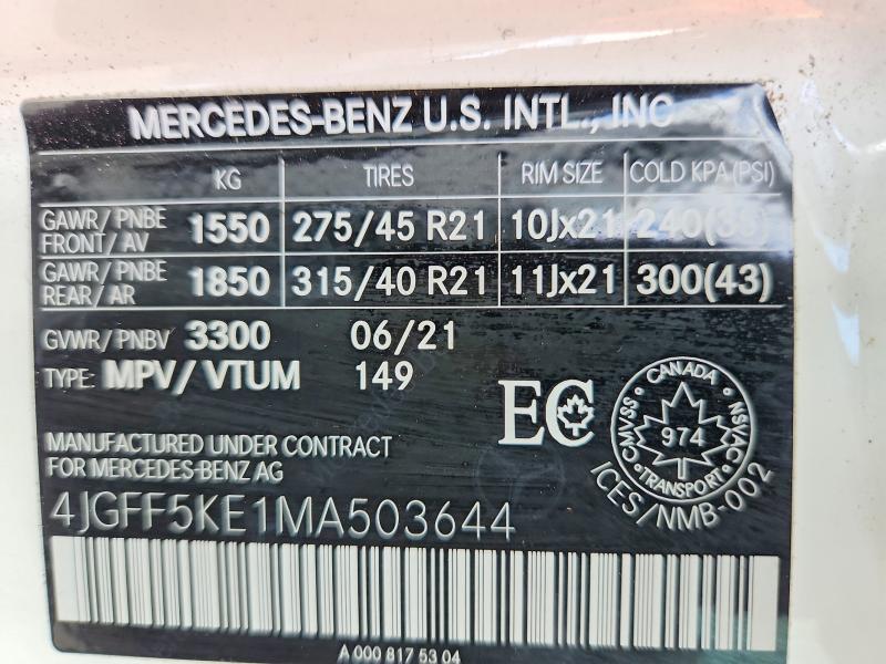 Aukcja sprzedaży 2021 Mercedes-benz Gls, vin: 4JGFF5KE1MA503644, numer aukcji: 68925466