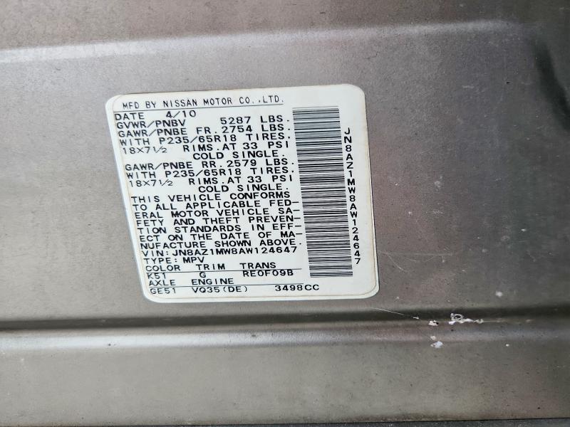 Auction sale of the 2010 Nissan Murano, vin: JN8AZ1MW8AW124647, lot number: 69902496