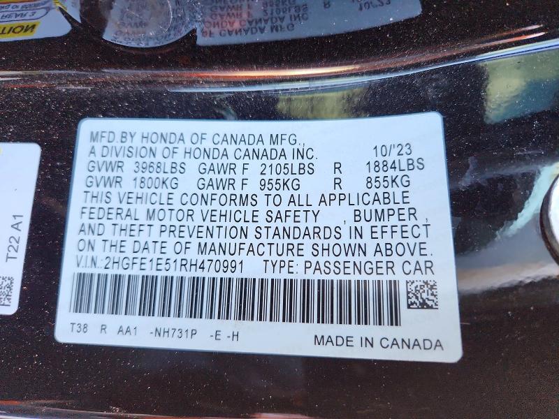 2024 Honda Civic მანქანა იყიდება აუქციონზე, vin: 2HGFE1E51RH470991, აუქციონის ნომერი: 70057306