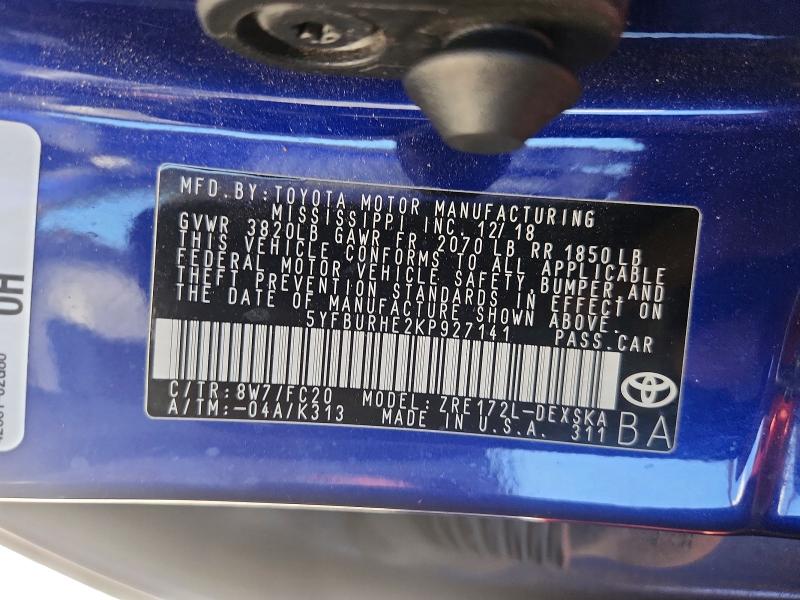 66987776 :رقم المزاد ، 5YFBURHE2KP927141 vin ، 2019 Toyota Corolla مزاد بيع