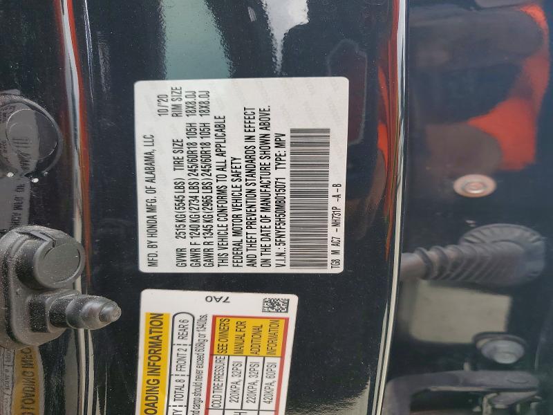 Auction sale of the 2021 Honda Pilot, vin: 5FNYF5H50MB015071        , lot number: 69222836