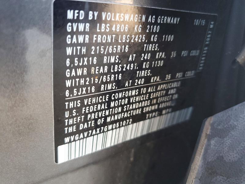 69820426 :رقم المزاد ، WVGAV7AX7GW051072 vin ، 2016 Volkswagen Tiguan مزاد بيع