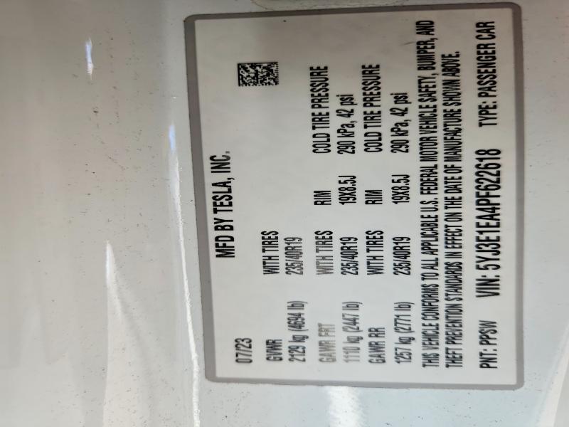 63742416 :رقم المزاد ، 5YJ3E1EA4PF622618 vin ، 2023 Tesla Model 3 مزاد بيع