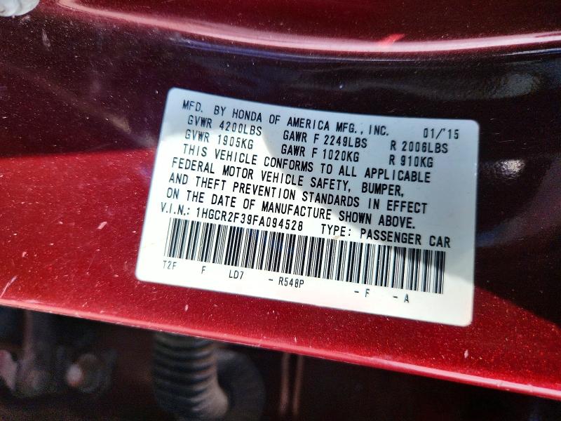 2015 Honda Accord მანქანა იყიდება აუქციონზე, vin: 1HGCR2F39FA094528, აუქციონის ნომერი: 67944436