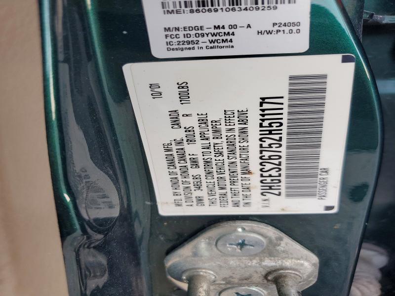 2002 Honda Civic მანქანა იყიდება აუქციონზე, vin: 2HGES26752H511171, აუქციონის ნომერი: 67622666