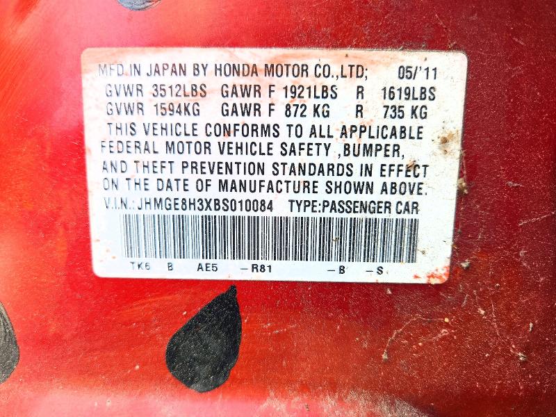 2011 Honda Fit მანქანა იყიდება აუქციონზე, vin: JHMGE8H3XBS010084, აუქციონის ნომერი: 69362716