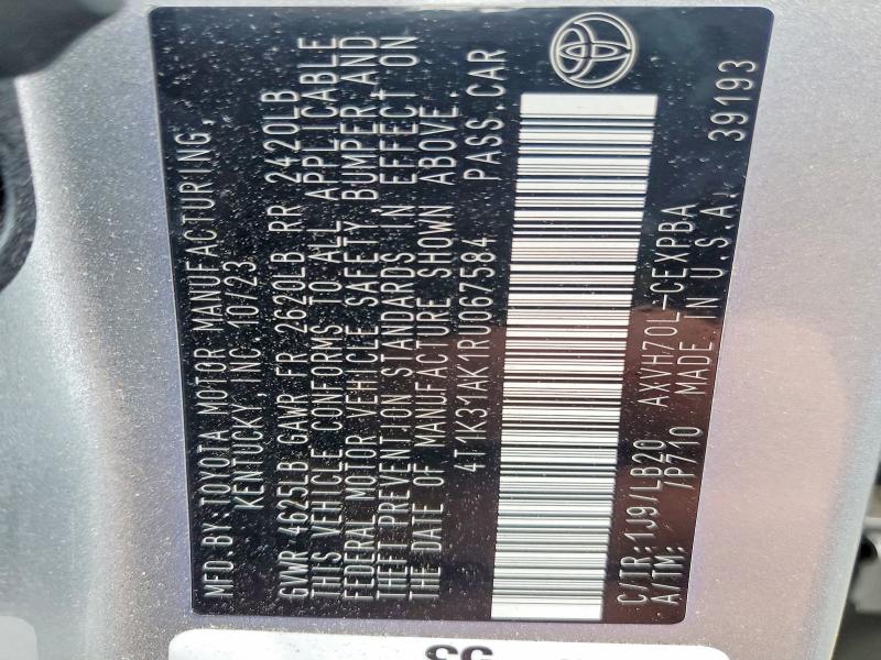 2024 Toyota Camry მანქანა იყიდება აუქციონზე, vin: 4T1K31AK1RU067584, აუქციონის ნომერი: 69788286