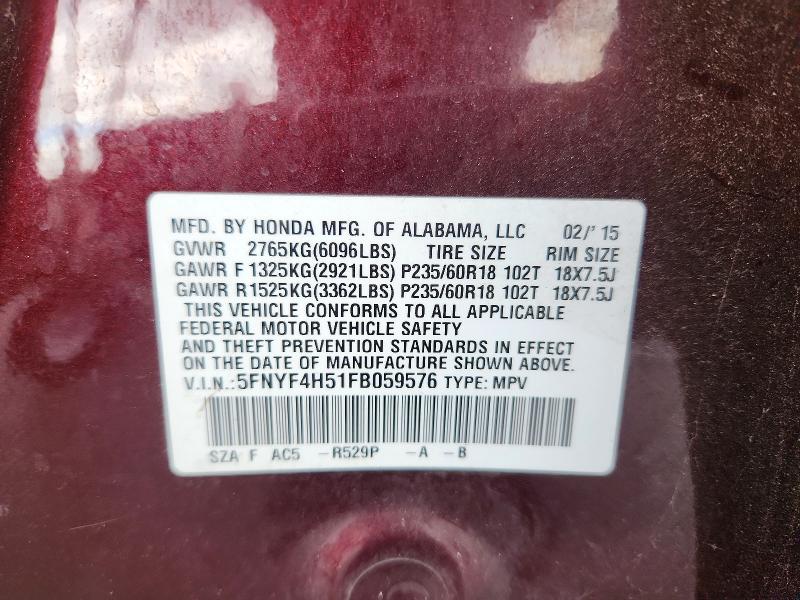 67314146 :رقم المزاد ، 5FNYF4H51FB059576 vin ، 2015 Honda Pilot مزاد بيع