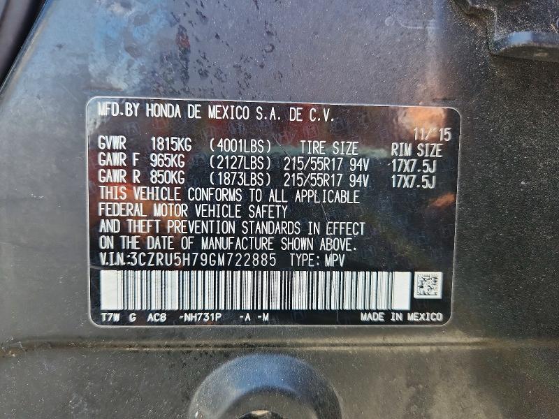Aukcja sprzedaży 2016 Honda Hr-v, vin: 3CZRU5H79GM722885, numer aukcji: 68098316
