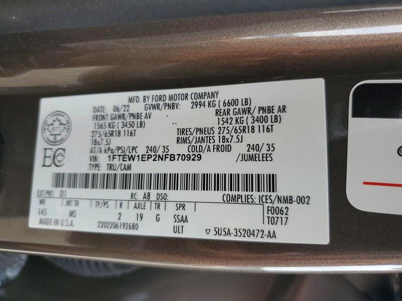 2022 Ford F150 მანქანა იყიდება აუქციონზე, vin: 1FTEW1EP2NFB70929, აუქციონის ნომერი: 67975286