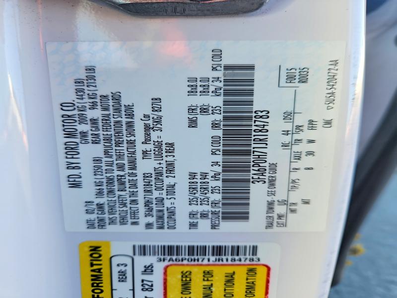 2018 Ford Fusion მანქანა იყიდება აუქციონზე, vin: 3FA6P0H71JR184783, აუქციონის ნომერი: 71181216