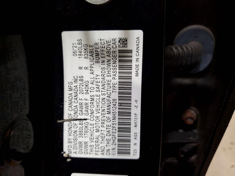 2022 Honda Civic მანქანა იყიდება აუქციონზე, vin: 2HGFE2F51NH512428, აუქციონის ნომერი: 69893666