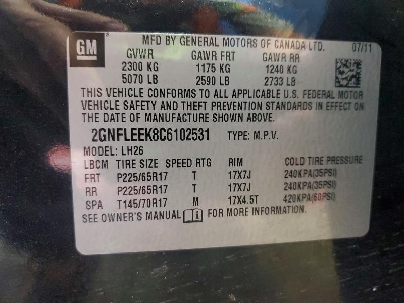 69238596 :رقم المزاد ، 2GNFLEEK8C6102531 vin ، 2012 Chevrolet Equinox مزاد بيع