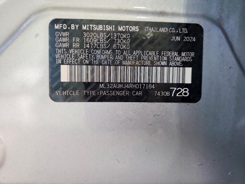 2024 Mitsubishi Mirage მანქანა იყიდება აუქციონზე, vin: ML32AUHJ4RH017184, აუქციონის ნომერი: 66103066