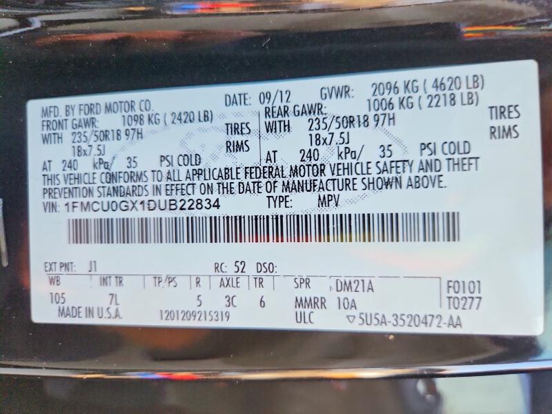 2013 Ford Escape მანქანა იყიდება აუქციონზე, vin: 1FMCU0GX1DUB22834, აუქციონის ნომერი: 69129566