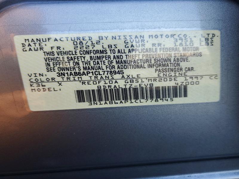 2012 Nissan Sentra მანქანა იყიდება აუქციონზე, vin: 3N1AB6AP1CL778945, აუქციონის ნომერი: 71300636