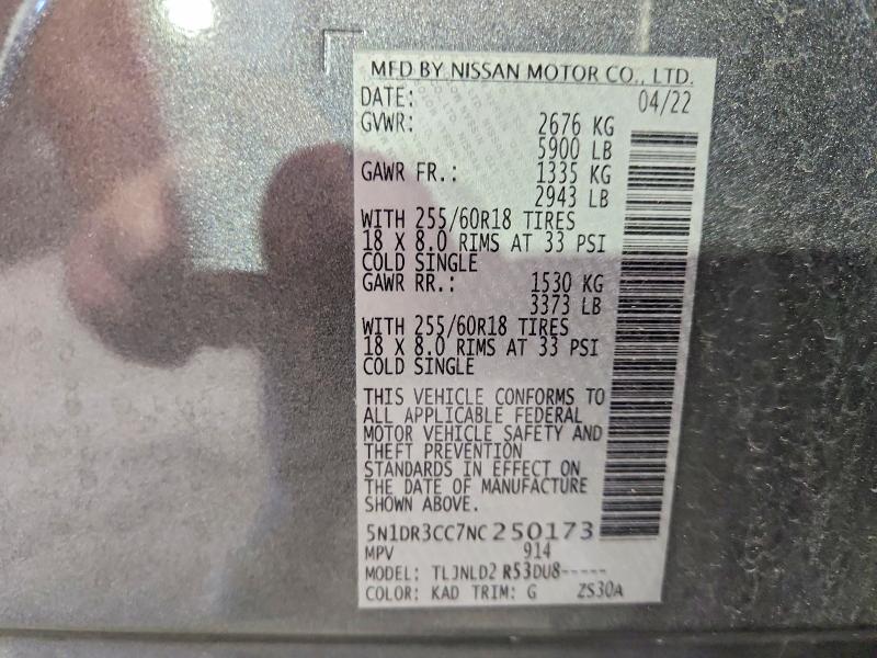 68314476 :رقم المزاد ، 5N1DR3CC7NC250173 vin ، 2022 Nissan Pathfinder مزاد بيع