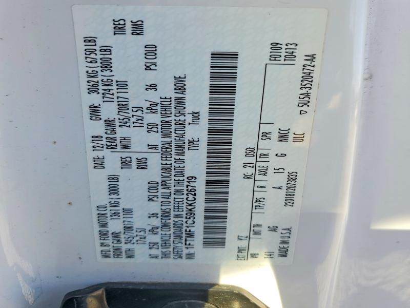 68400456 :رقم المزاد ، 1FTMF1C59KKC26719 vin ، 2019 Ford F150 مزاد بيع
