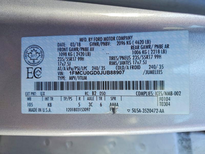 Auction sale of the 2018 Ford Escape, vin: 1FMCU0GD0JUB88907, lot number: 68618726