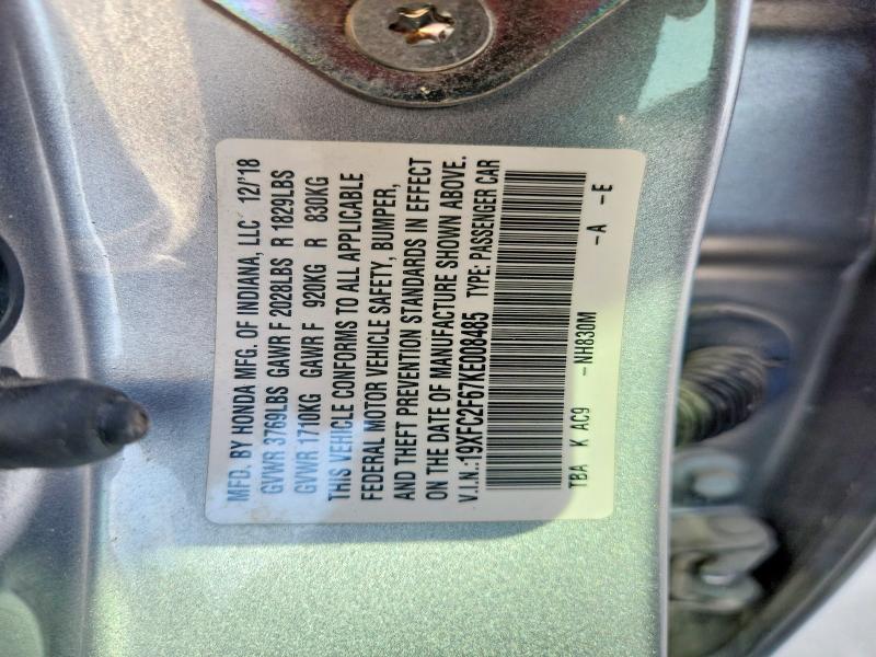 70259766 :رقم المزاد ، 19XFC2F67KE008485 vin ، 2019 Honda Civic مزاد بيع