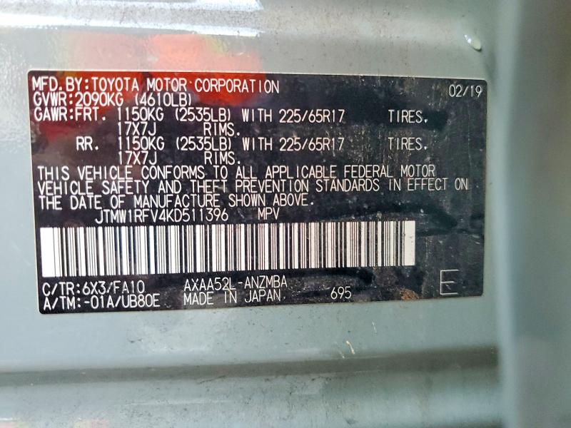 Aukcja sprzedaży 2019 Toyota Rav4, vin: JTMW1RFV4KD511396, numer aukcji: 69647066