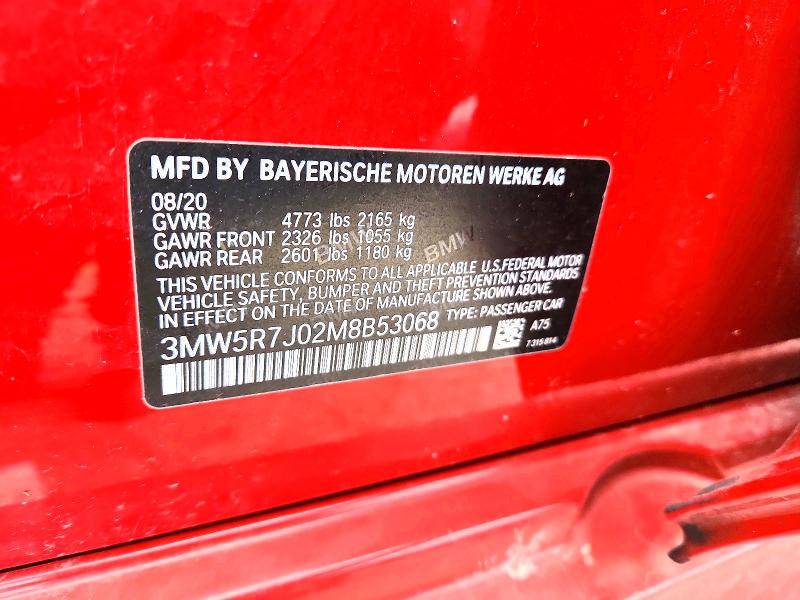2021 Bmw 330xi მანქანა იყიდება აუქციონზე, vin: 3MW5R7J02M8B53068, აუქციონის ნომერი: 70233236